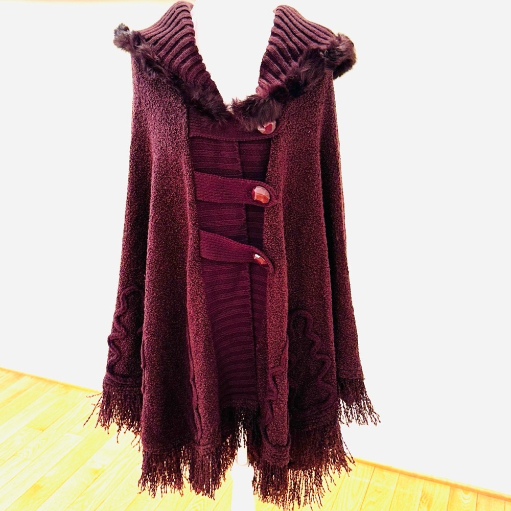 Chic Dark Brown Women's Poncho Sweater with Fringe and fur trim on top